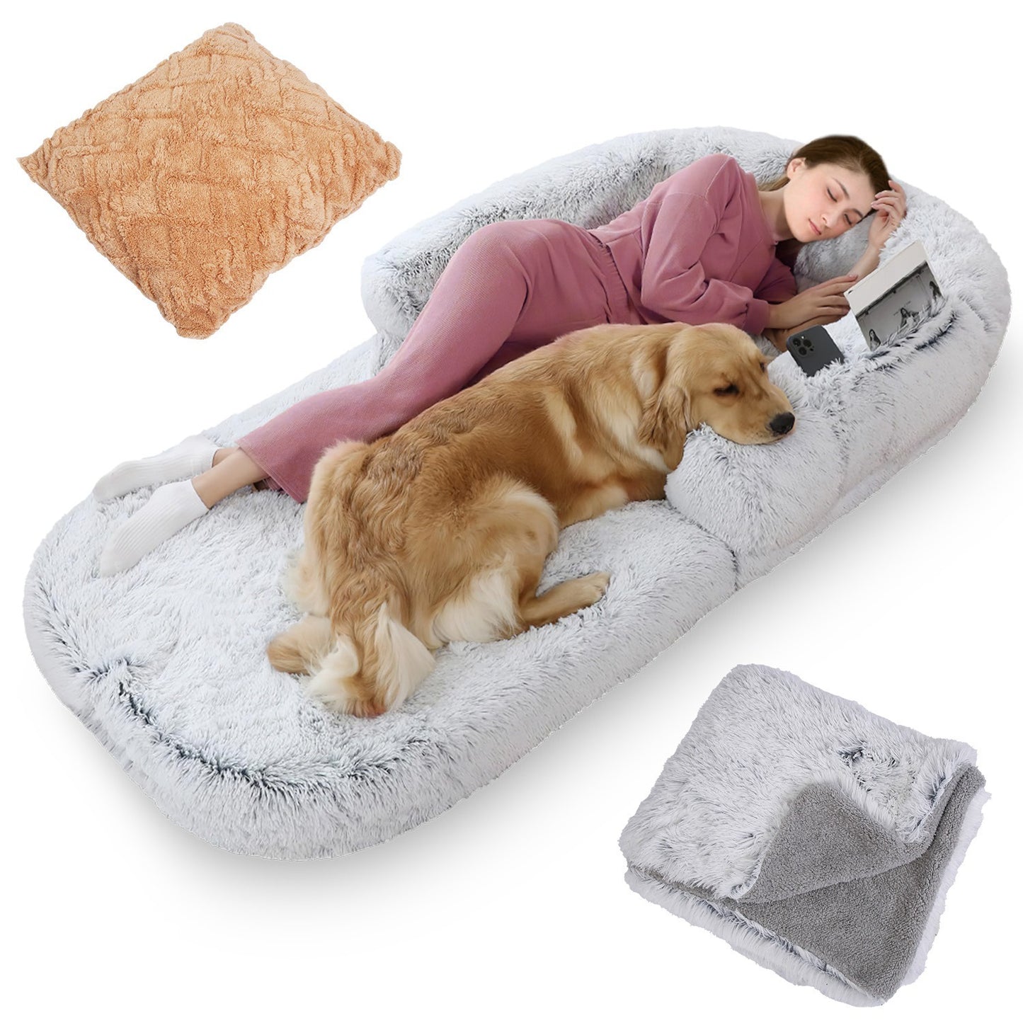 Large Foldable Human-Size Dog Bed with Pillow & Blanket – Washable Plush Napping Bed