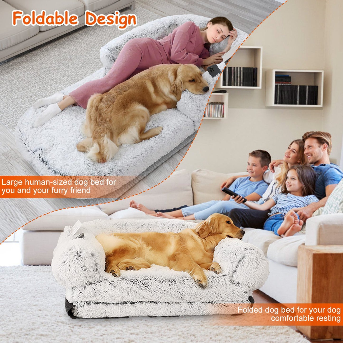 Large Foldable Human-Size Dog Bed with Pillow & Blanket – Washable Plush Napping Bed