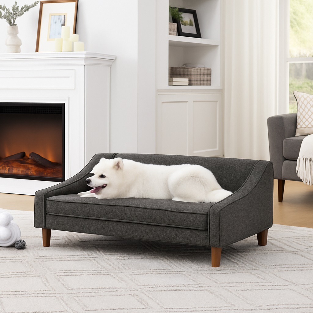 Modern Sofa Dog Bed – Elevated Washable Couch with Unique Armrest Design