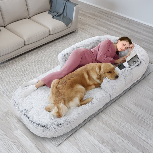 Large Foldable Human-Size Dog Bed with Pillow & Blanket – Washable Plush Napping Bed