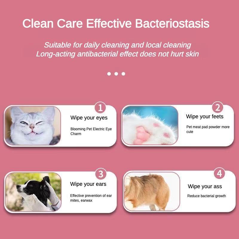 Clean Care Effective Bacteriostasis with instructions for pet hygiene including wiping eyes, ears, feet, and more.