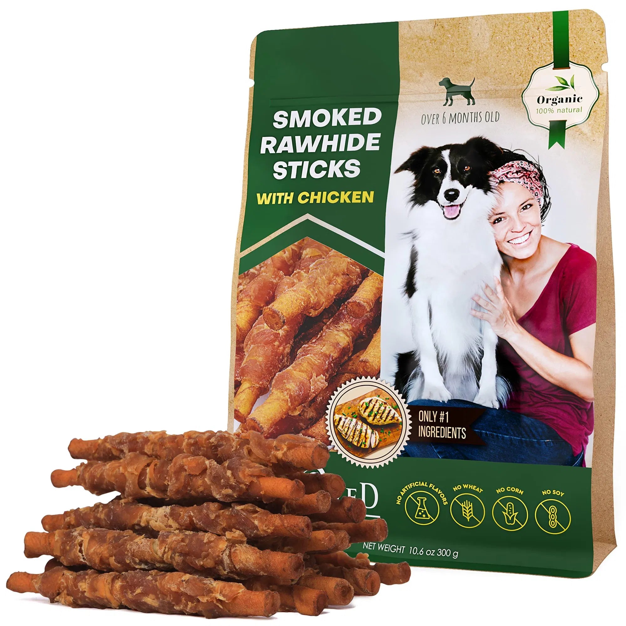 Grain-Free Smoked Chicken-Wrapped Rawhide Dog Sticks packaging front view