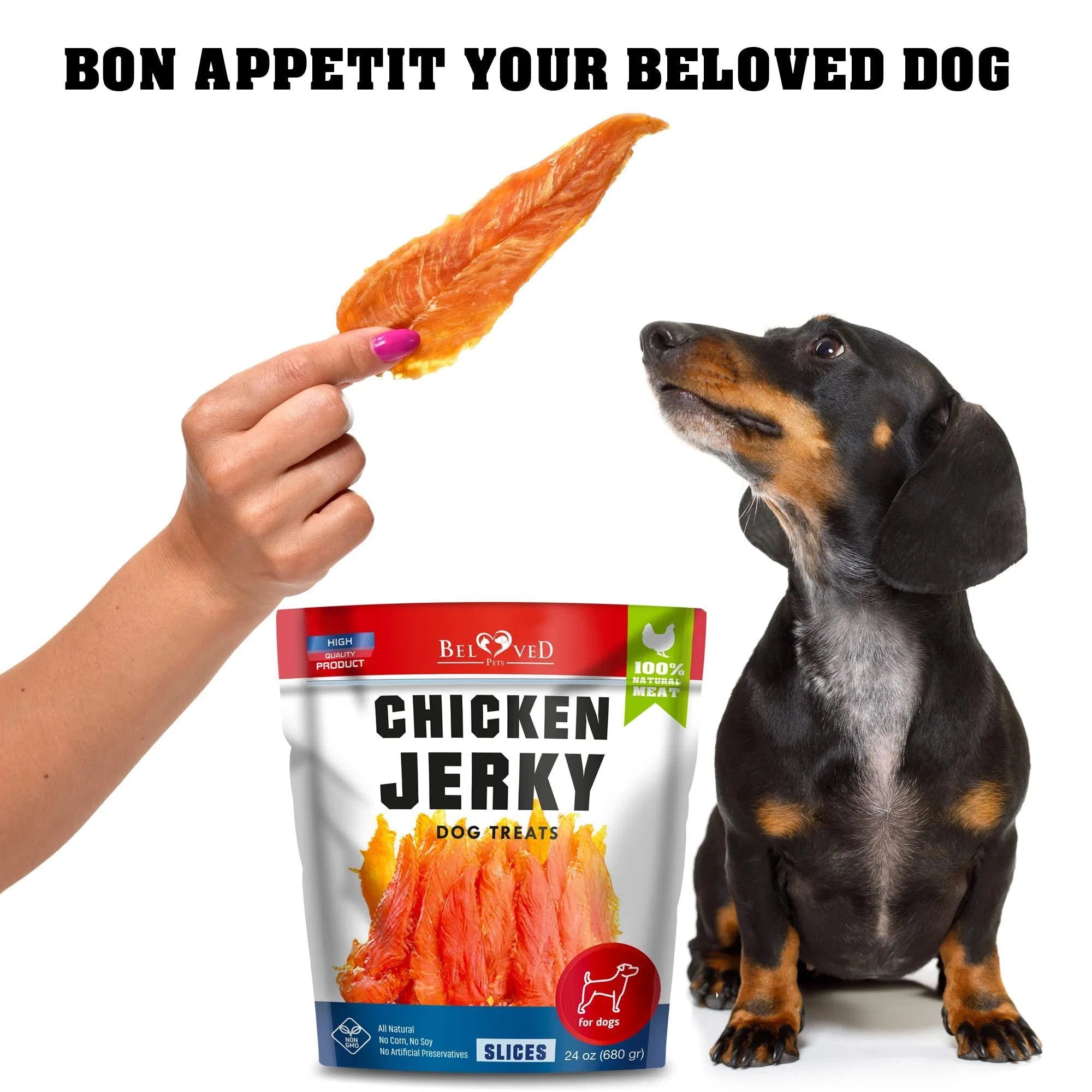 Dog enjoying Grain-Free Human-Grade Chicken Jerky Dog Treats